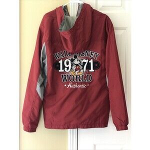 Walt Disney World Parks  M Hooded Windbreaker Rain Jacket Coat RED GRAY 1971‎